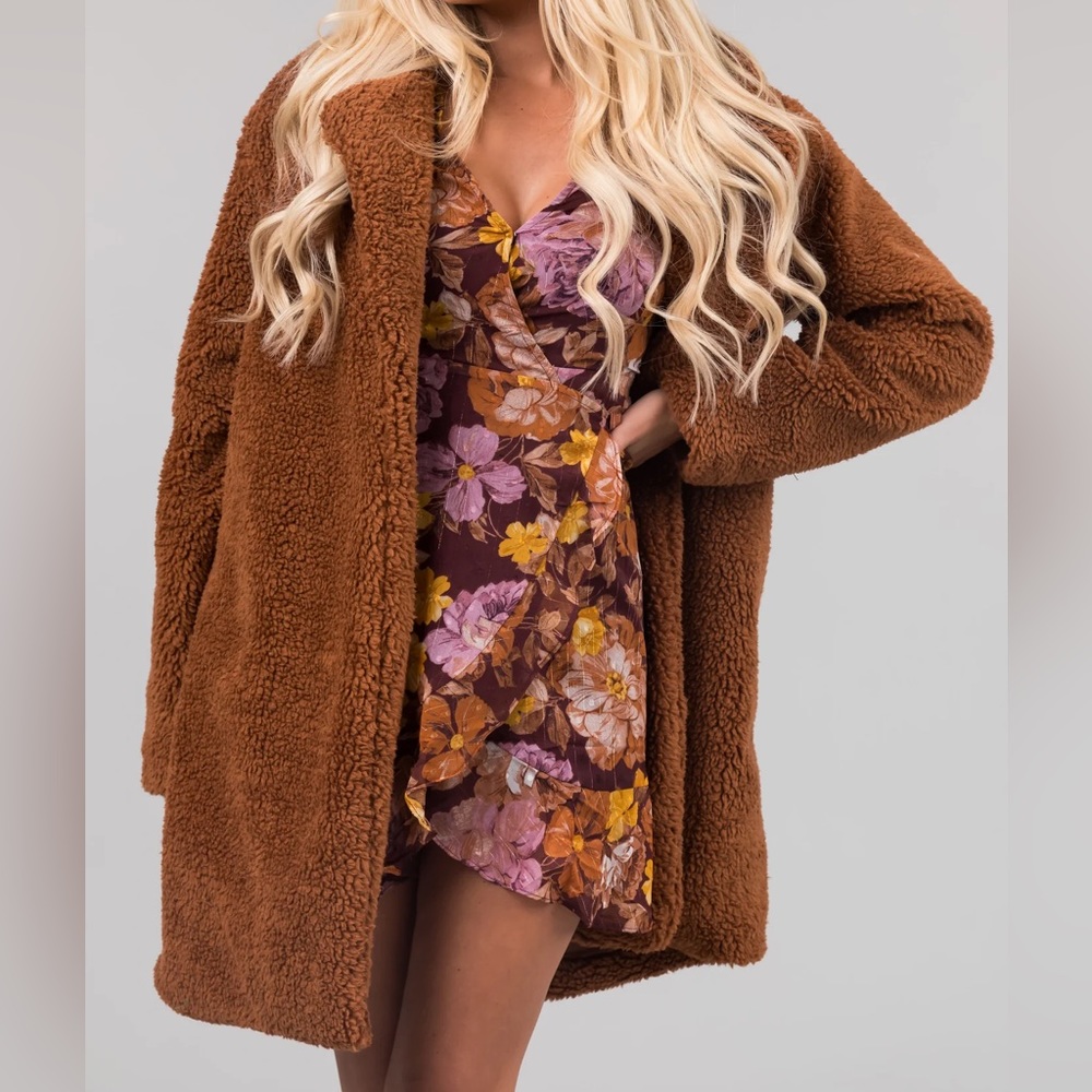 🆕🌿🤎LIME LUSH: COGNAC Open Front Soft Teddy Coat SMALL
